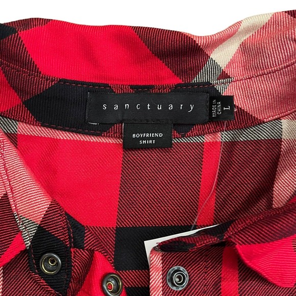 Sanctuary Red Plaid Boyfriend Shirt Snap Roll Tab Flap Pockets Size Large NWT - Picture 3 of 4